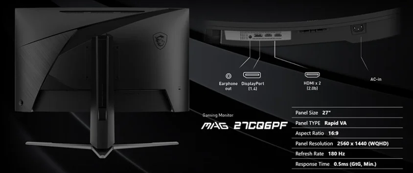 MSI MAG 27CQ6PF 27″ 180Hz 0,5ms  Adaptive- Sync WQHD Rapid VA Gaming Monitör