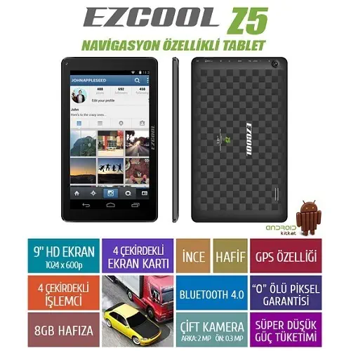 Ezcool Z5 8GB Gps Quad 9″ HD Tablet + Hiper CH-120 Tablet Tutacağı Araç+Masa 