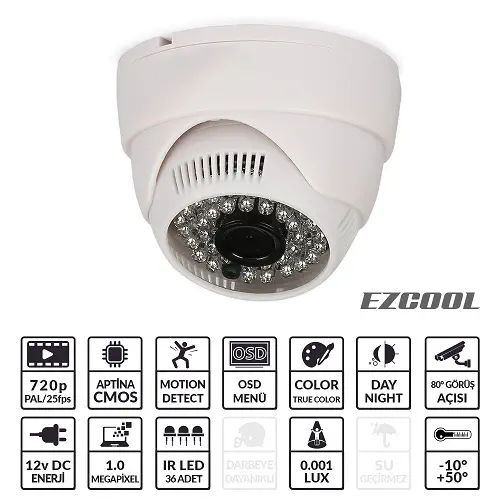 Ezcool EZ-3001 1MP 3,6MM (3MP) 36 LED AHD Dome Kamera