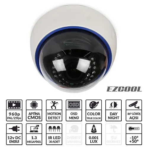 Ezcool EZ-3013 1,3MP 2,8-12MM (3MP) 30 LED AHD Dome Kamera
