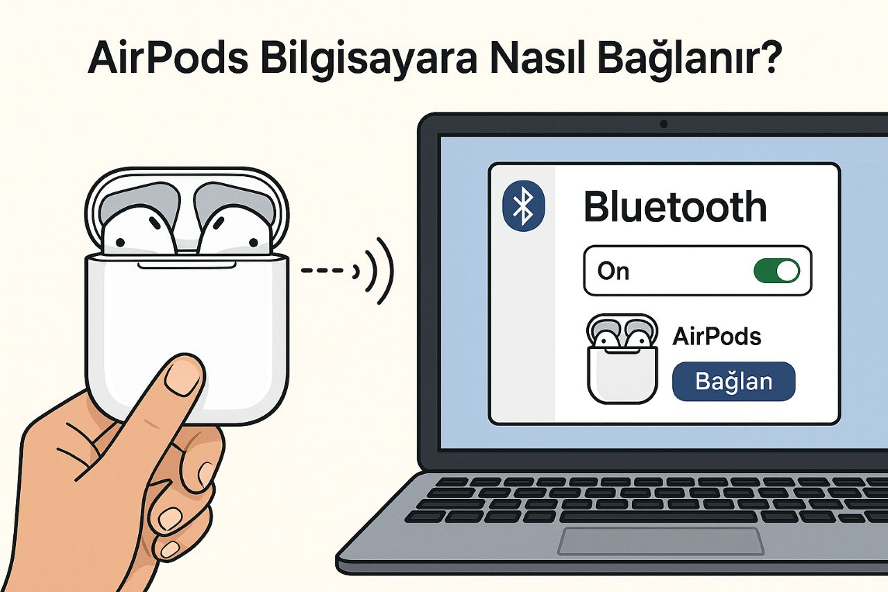  “Bir elin AirPods şarj kutusunu tuttuğu ve Bluetooth simgesiyle birlikte bilgisayar ekranında 'AirPods' cihazının 'Bağlan' seçeneğiyle gösterildiği illüstrasyon.