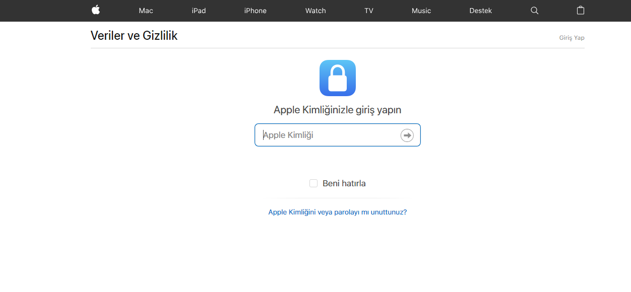 Apple kimlik sayfası