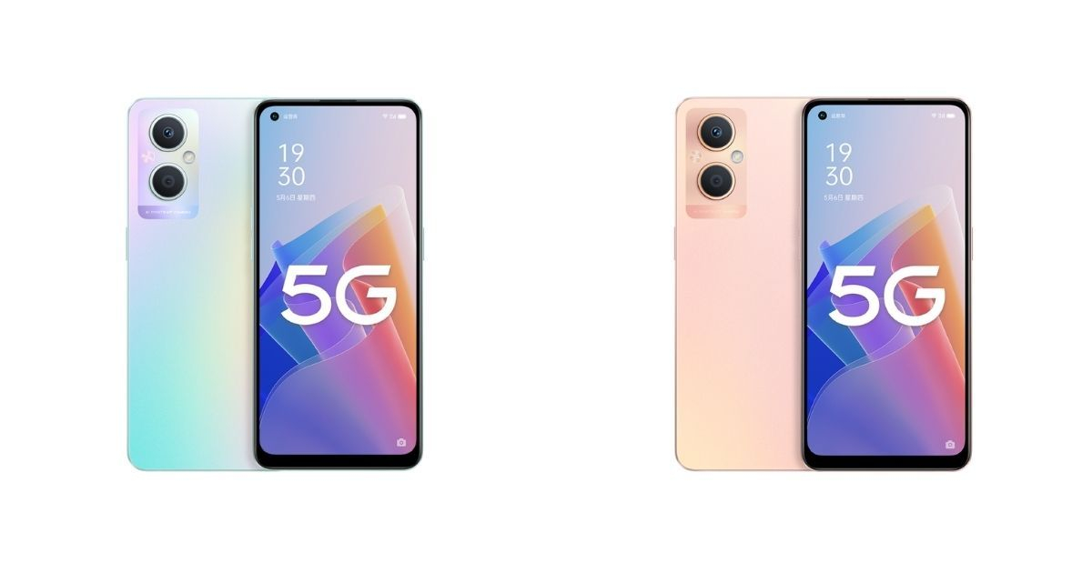 Turkuaz ve mercan renklerine sahip Oppo A96 5G cep telefonu modelleri