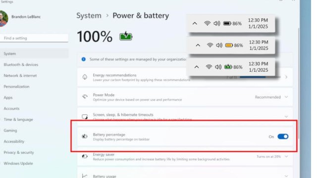 Windows 11'de pil simgesi renklendi