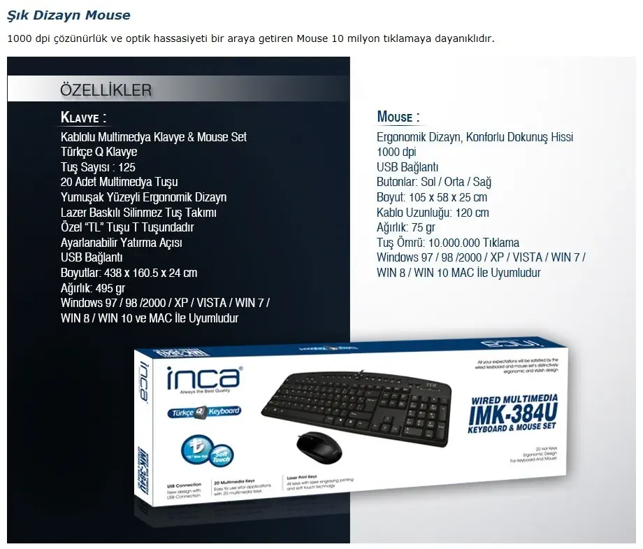 Inca IMK-384U Klavye Mouse Set 