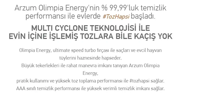 Arzum AR4006 Olimpia Energy Multi Cyclone Filtreli 800W Toz Torbasız Elektrikli Süpürge İnci