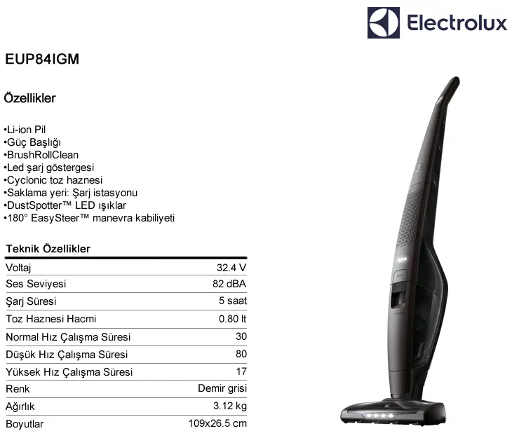 Electrolux EUP84IGM 32.4V Ultra Power Dikey Şarjlı Süpürge