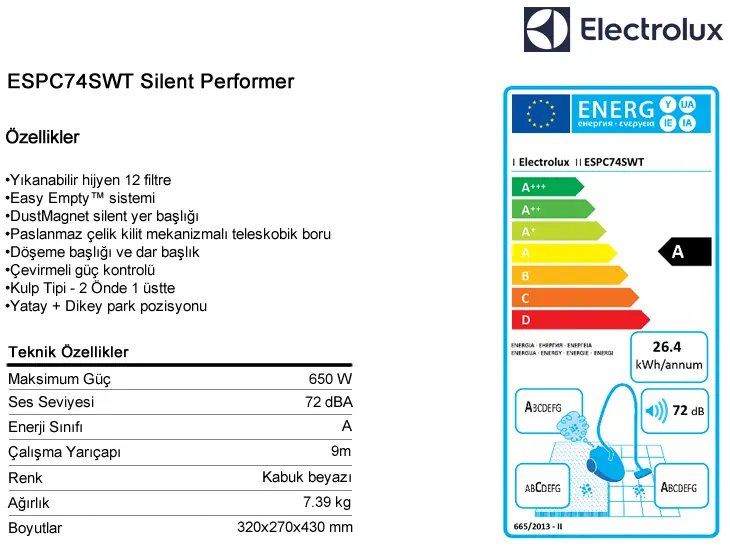 Electrolux Silent Performer Cyclonic ESPC74SWT 650W Toz Torbasız Elektrikli Süpürge