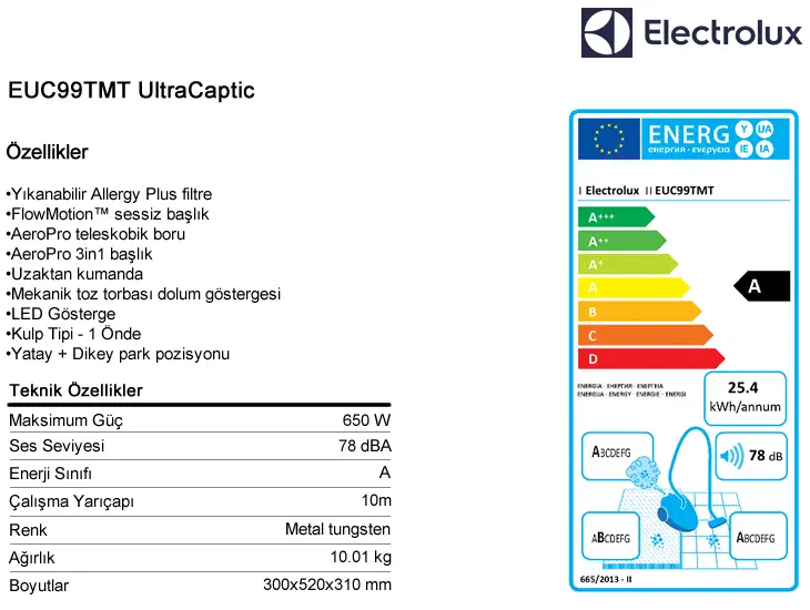 Electrolux Ultra Captic EUC99TMT 650W Toz Torbasız Elektrikli Süpürge