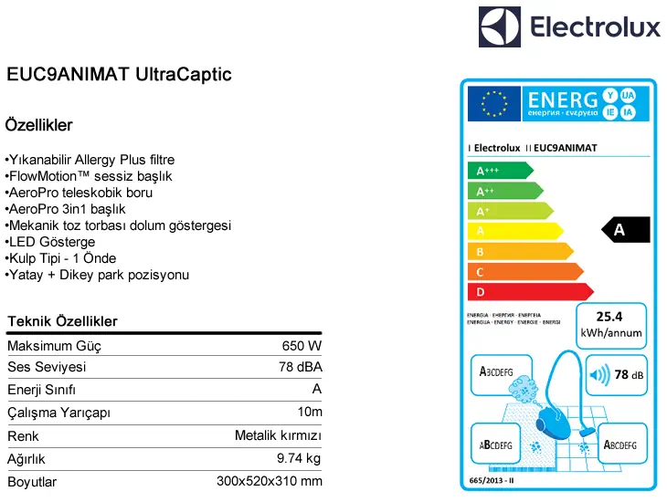 Electrolux Ultra Captic EUC9ANIMAT 650W Toz Torbasız Elektrikli Süpürge