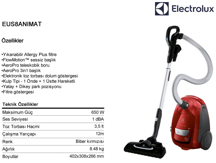 Electrolux Ultra Silencer Zen EUS8ANIMAT 650W Toz Torbalı Elektrikli Süpürge