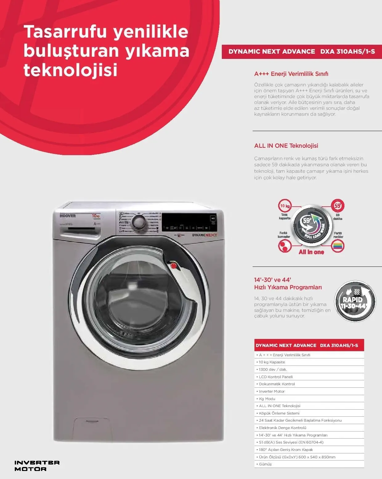 Hoover DXA 310AHS/1 A+++ 10 Kg 1300 Devir Çamaşır Makinesi