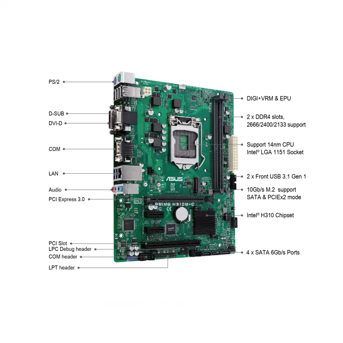 Asus Prime H310M-C DDR4 2666 USB 3.1 8.Nesil Anakart