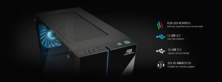 Power Boost JBST-X-53 USB 3.0 Cam Panelli RGB Fanlı Gaming Kasa (PSU Yok)
