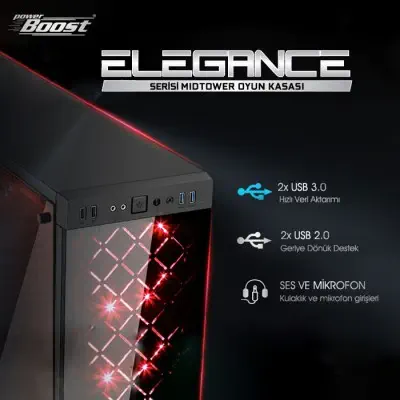 Power Boost Elegance VK-G1006R Mid-Tower Gaming Kasa