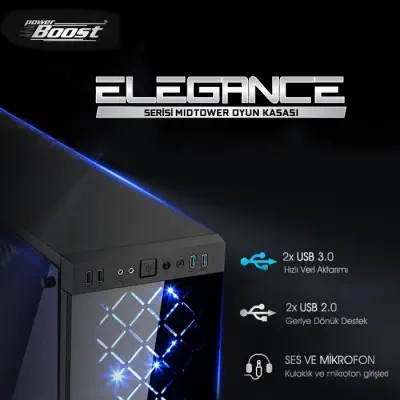 Power Boost Elegance VK-G1006B Mid-Tower Gaming Kasa