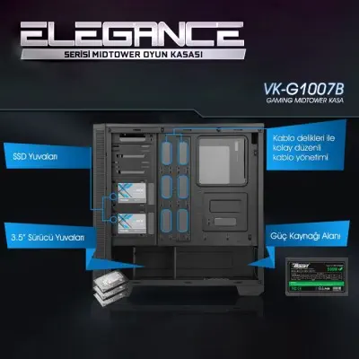 Power Boost Elegance VK-G1007B Mid-Tower Gaming Kasa