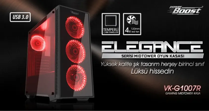 Power Boost JBST-VKG1007R USB 3.0 Tempered Glass Pencereli Kırmızı Fanlı Gaming Kasa (PSU Yok)