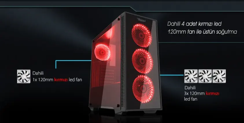 Power Boost JBST-VKG1007R USB 3.0 Tempered Glass Pencereli Kırmızı Fanlı Gaming Kasa (PSU Yok)