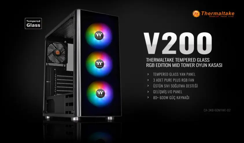 Thermaltake V200 TG 600W 80+ RGB Fanli Mid-Tower Kasa CA-3K8-60M1WE-02