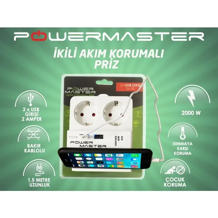 Powermaster 16892 Çift Usb 2li Akım Korumalı Priz 