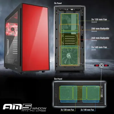 Sharkoon AM5 Window Kırmızı Gaming Kasa