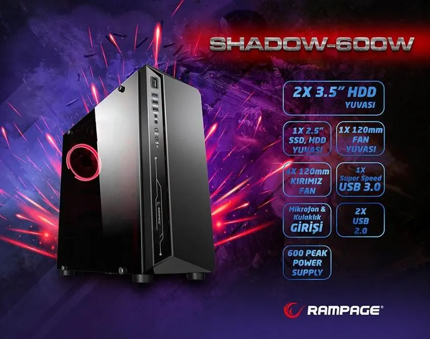 Rampage Shadow 600W Mid-Tower Gaming Kasa
