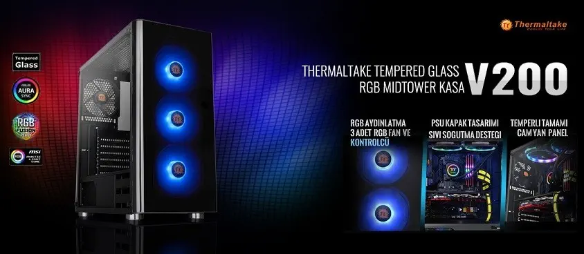 Thermaltake V200TG CA-1K8-00M1WN-01 USB 3.0 Midi Tower RGB Temperli Gaming (Oyuncu) Kasa 