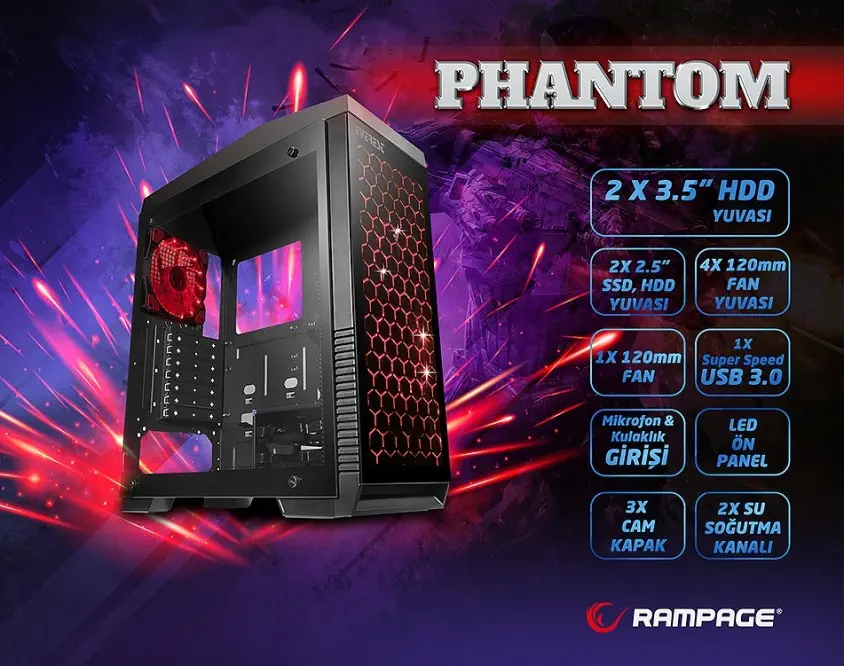 Rampage Phantom 2x12cm Fan Usb 3.0 Oyuncu Gaming Kasa