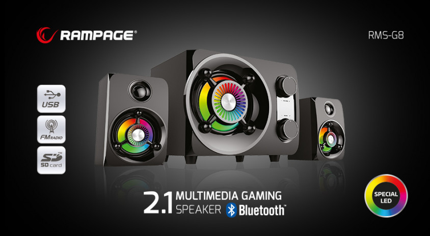 Rampage RMS-G8 2+1 25W Bluetooth+USB-SD-FM Siyah Rainbow Led Işıklı Gaming Speaker