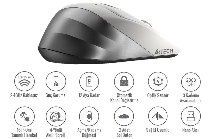 A4 Tech FG35 Gümüş Kablosuz Mouse 