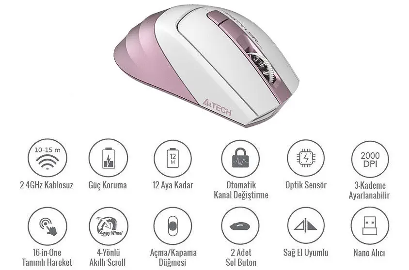 A4 Tech FG35 Pembe Kablosuz Mouse 