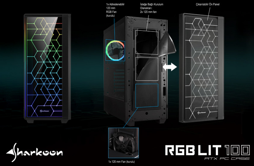 Sharkoon RGB-LIT-100 ATX Mid-Tower Gaming Kasa