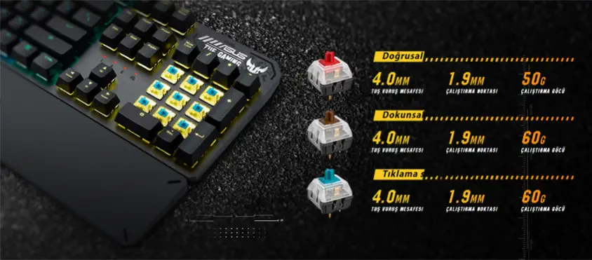 Asus TUF Gaming K3 Brown Switch Mekanik Kablolu Gaming Klavye