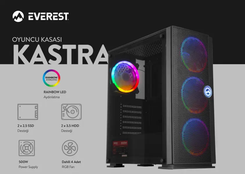 Everest Kastra 500W E-ATX Mid-Tower Gaming Kasa