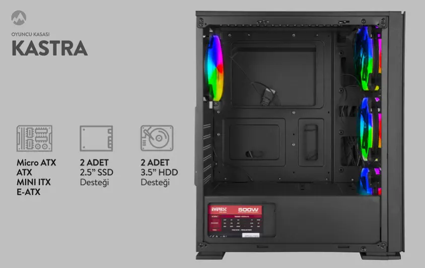 Everest Kastra 500W E-ATX Mid-Tower Gaming Kasa