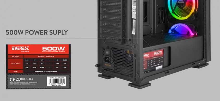 Everest Kastra 500W E-ATX Mid-Tower Gaming Kasa