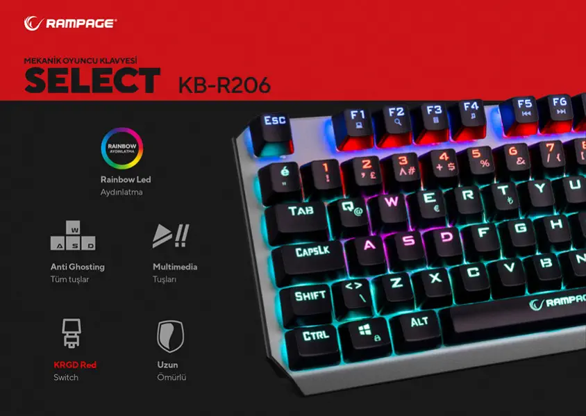 Rampage Select KB-R206 Red Switch  Gaming Oyuncu Klavye