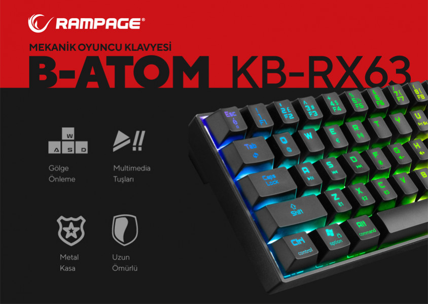Rampage B-Atom KB-RX63 Blue Switch RGB TR Q Bluetooth / USB Mekanik ...