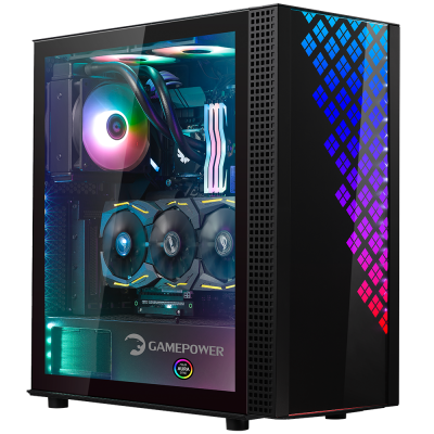 GamePower Dawn TG E-ATX ARGB (1xARGB+3xSiyah) Fan Temperli Cam Gaming Siyah Kasa