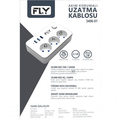 FLY 3406-01 3xUSB 3`lü  2 Metre Kablolu 2.1A Termal Akım Korumalı Priz
