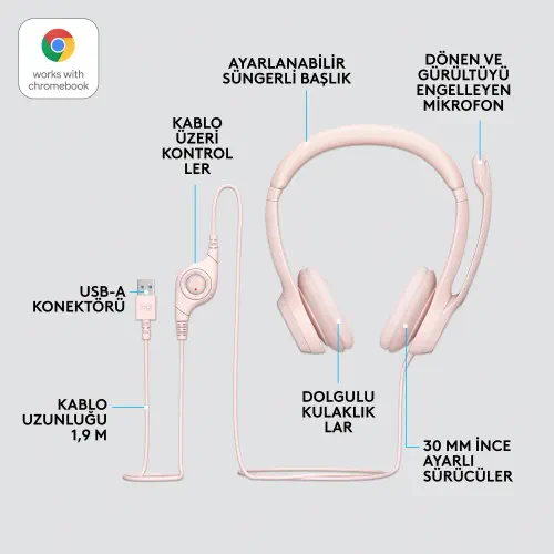 Logitech H390 Mikrofonlu Kulaklık Pudra Pembe 981-001281