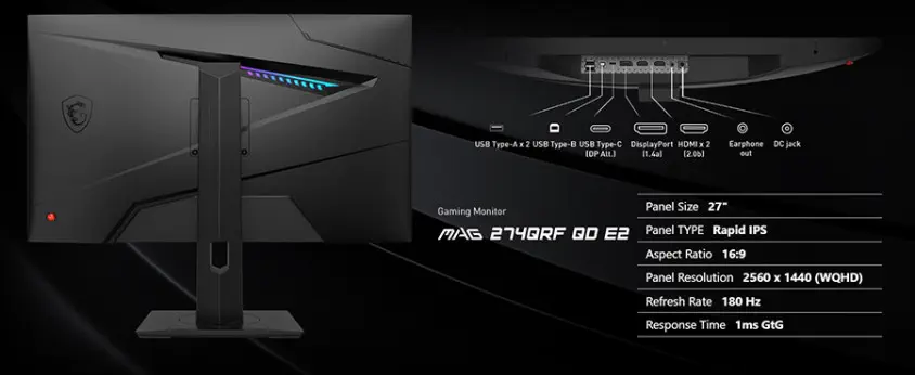 MSI MAG 274QRF QD E2 27″ 2560x1440 180Hz 1ms Adaptive- Sync IPS Gaming Monitör