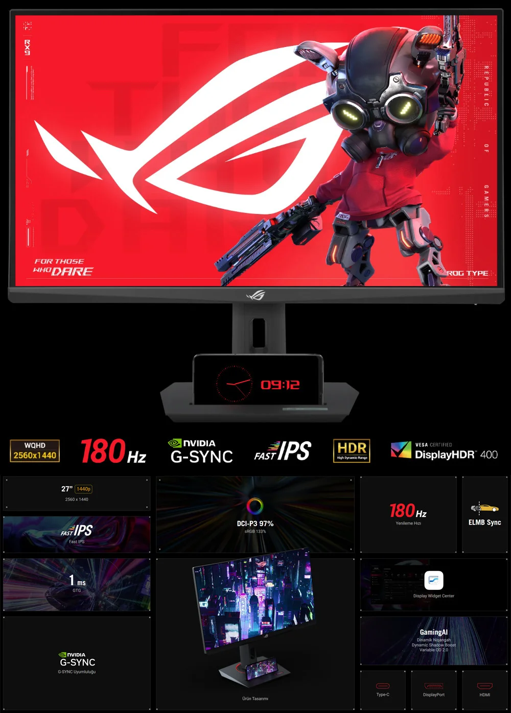 ASUS ROG Strix XG27ACS 27″ 180Hz 1ms QHD Adaptive Sync Fast IPS Gaming (Oyuncu)  Monitör