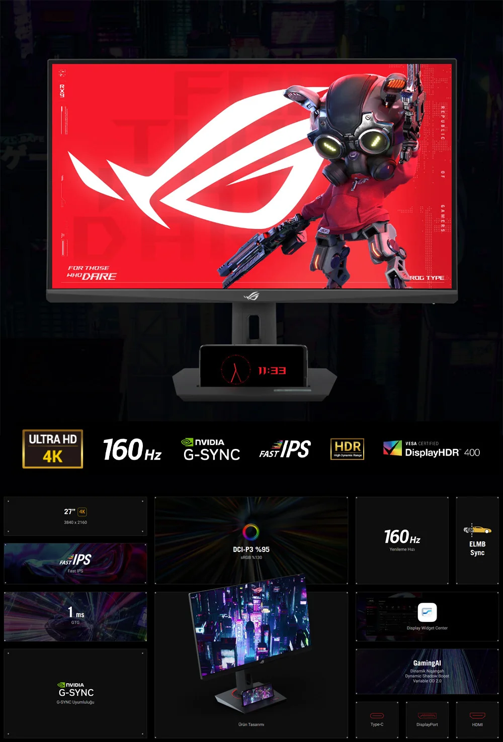 ASUS ROG STRIX XG27UCS 27″ 1ms 160Hz 3840x2160 FreeSync IPS Pivot Gaming Monitör