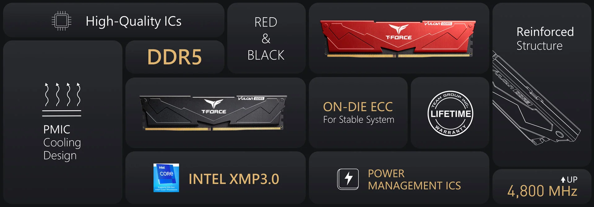 Team T-Force Vulcan Red 16GB (1x16GB) 6000Mhz DDR5 CL38 Kırmızı Gaming Ram (FLRD516G6000HC38G01)