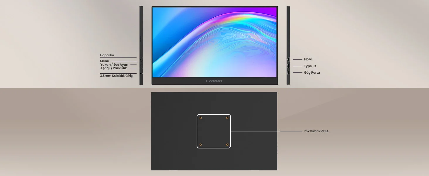 Ezcool Lite E15T 15,6’’ Dokunmatik 60Hz FHD Taşınabilir Monitör (Sıfır Ölü Piksel Garantili)