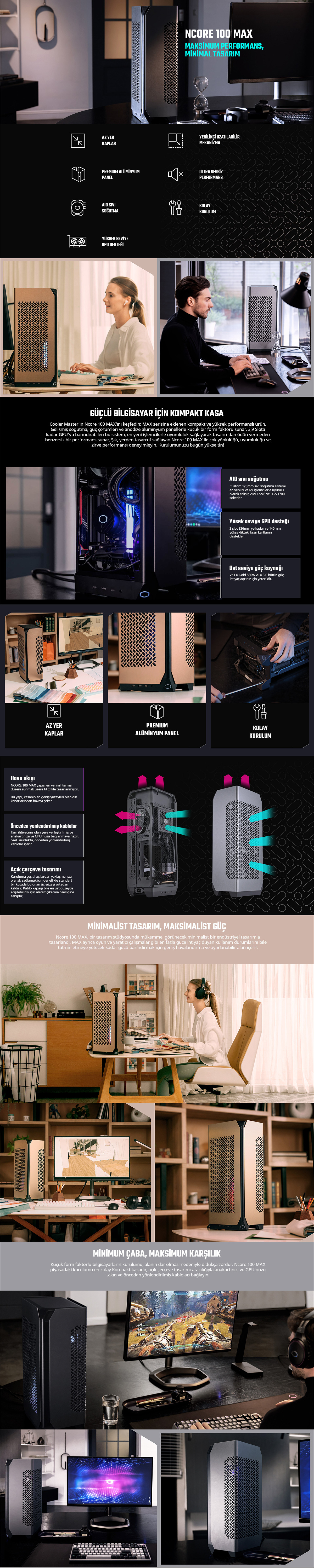 CM MasterBox NCORE 100 MAX 120mm Sıvı Soğutma 850W  80+ Gold ATX 3.0 SFX PSU&#039;lu Gri Renkli ITX Gaming Kasası