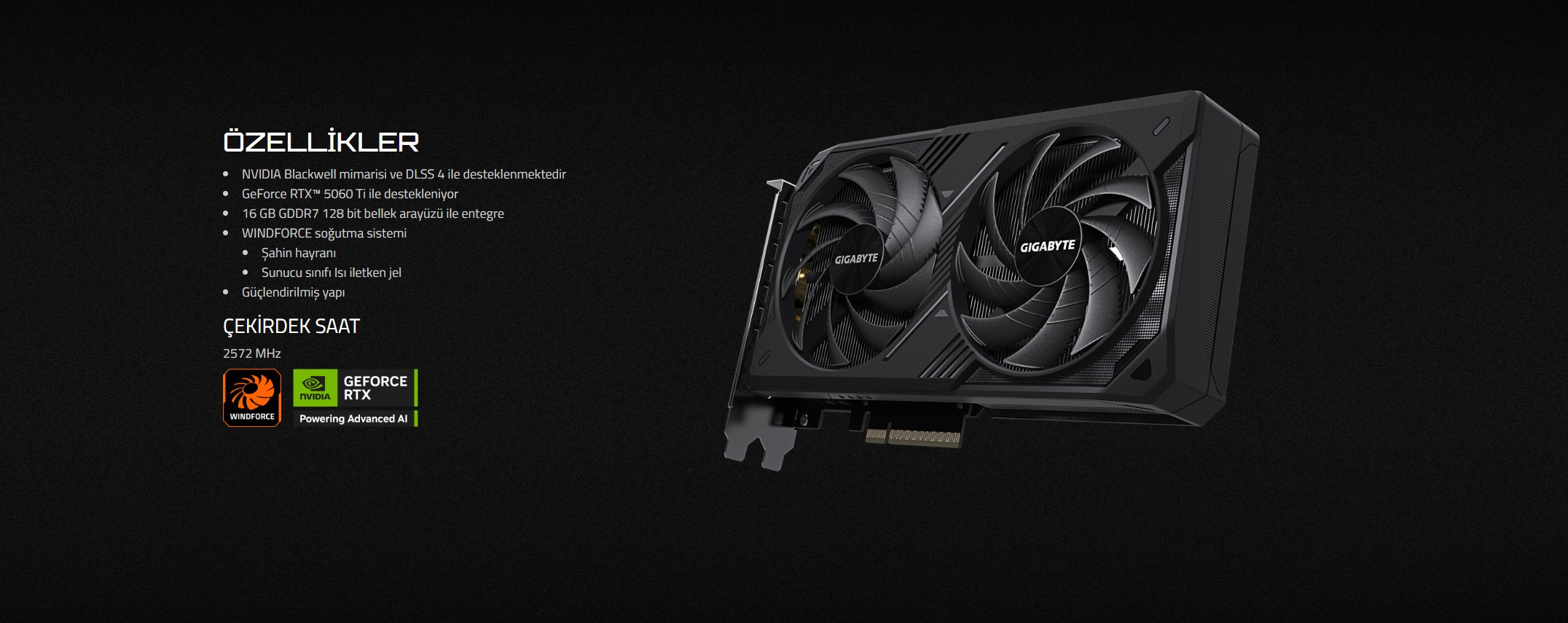 Gigabyte GeForce RTX 5060TI WINDFORCE 16G GV-N506TWF2-16GD GDDR7 128Bit Gaming Ekran Kartı