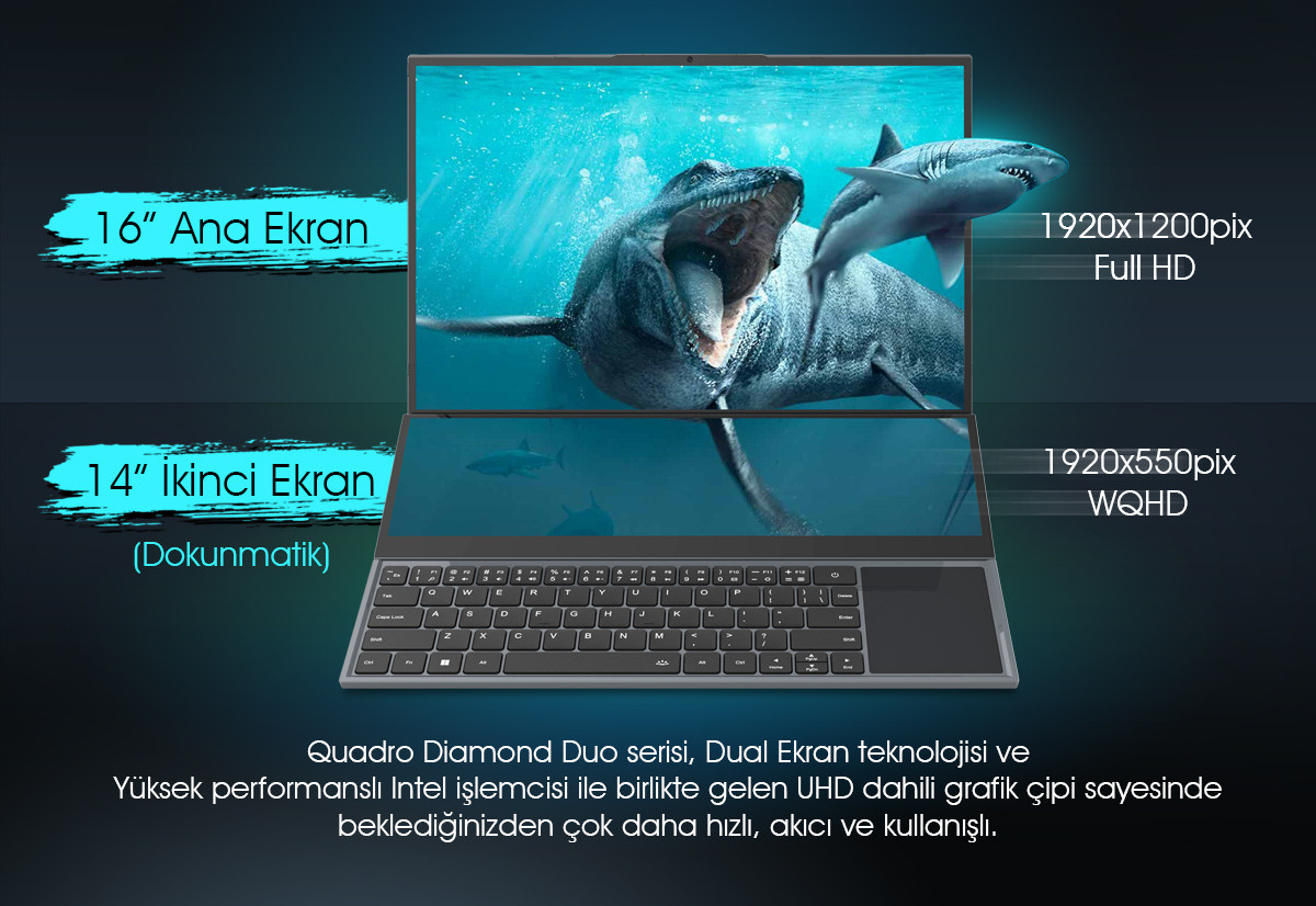 Quadro DS3211N Intel Core i7 10870H 32GB 1TB SSD Freedos 16″ Type-C ÇİFT EKRAN Taşınabilir Bilgisayar